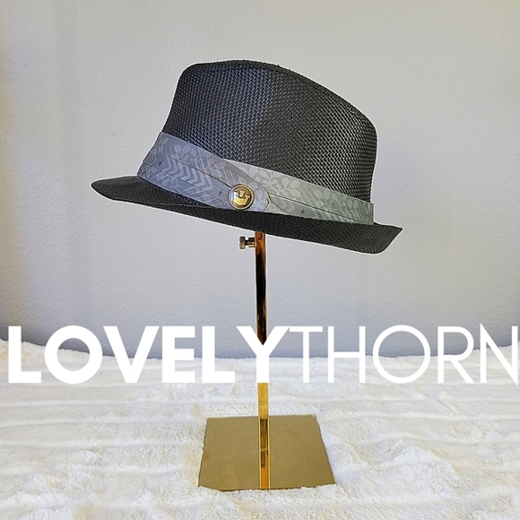 GOORIN BROS // gunmetal black straw fedora with grey printed satin band